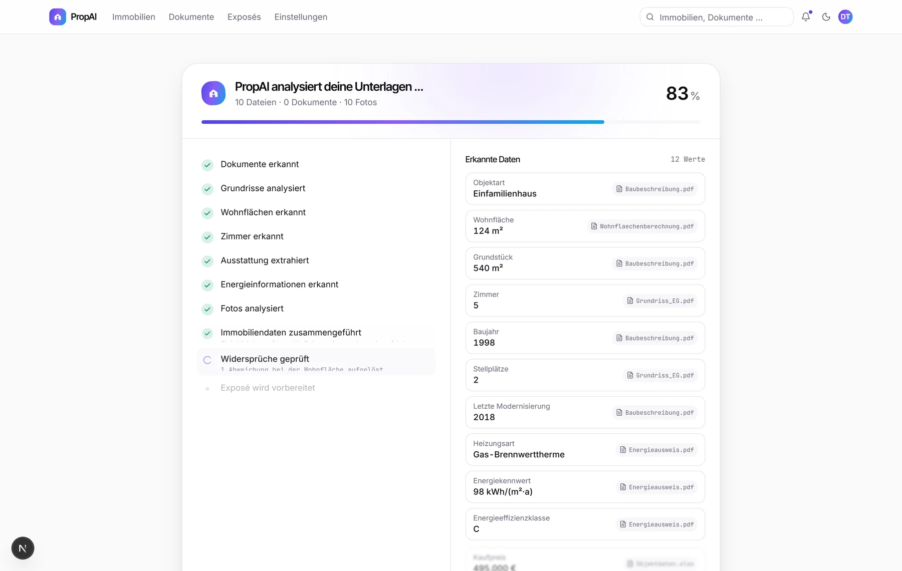 PropAI: laufende Analyse mit erkannten Werten und Angabe der Quelldatei