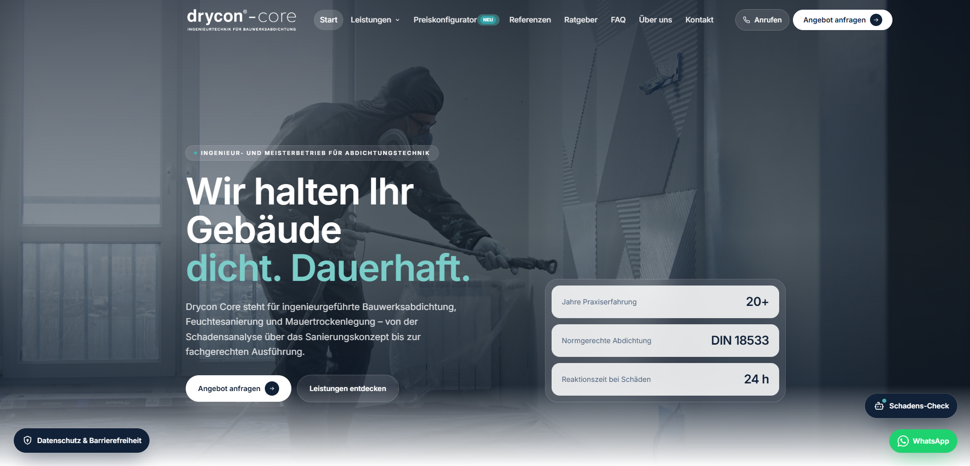 Website für Drycon Core, Ingenieurbetrieb für Bauwerksabdichtung